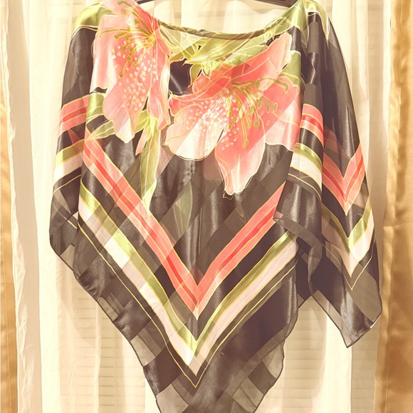Accessories - Floral Silk Poncho with Pink and Black Design